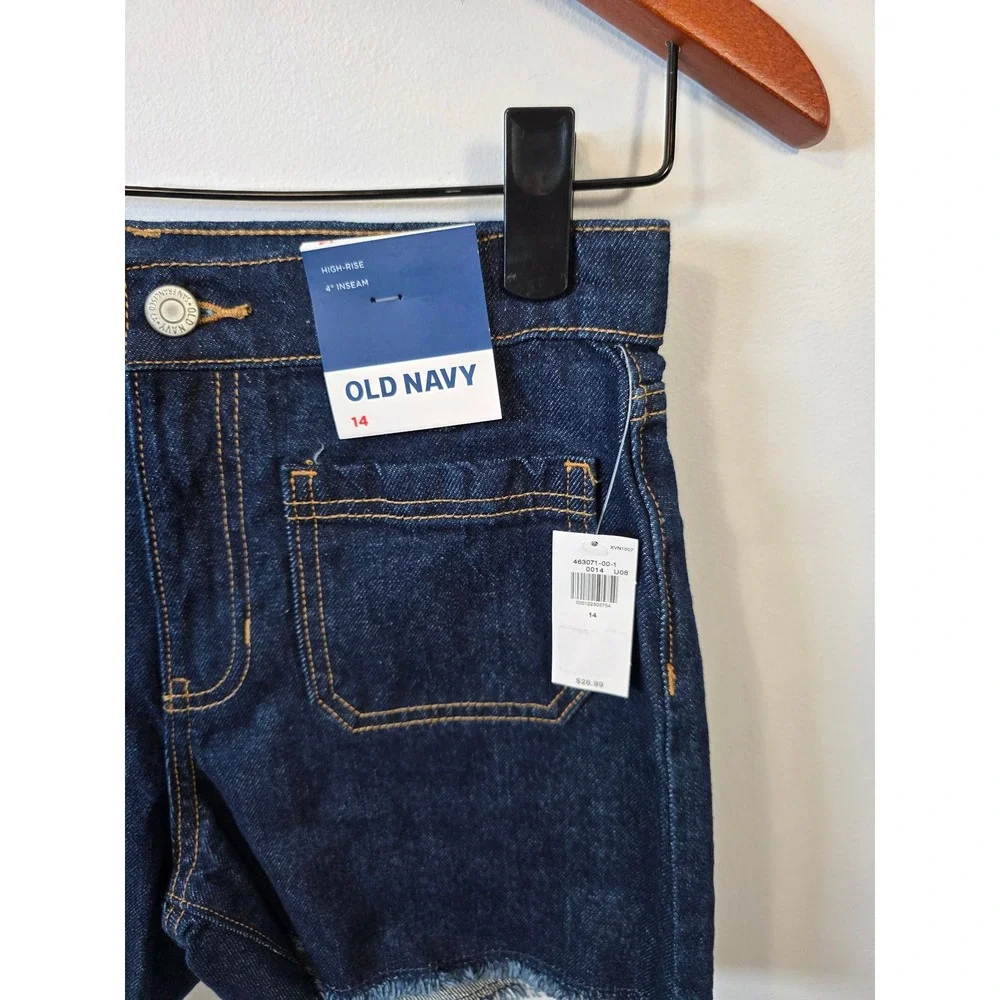 Old Navy Girls High Rise Dark Wash Denim Shorts Raw Hem Adjustable Waist 14 NWT